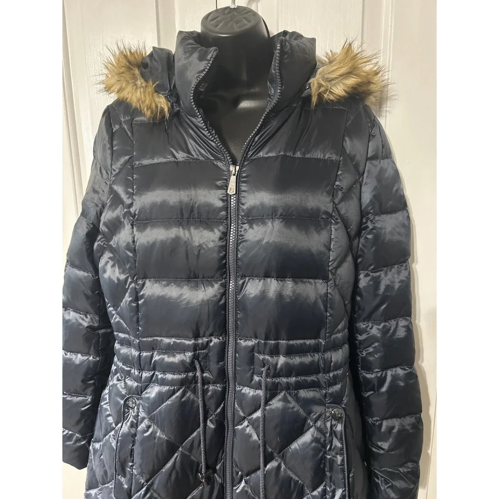 Dawn Levy Womens Puffer‎ Coat Quilted Faux Fur Hooded Drawstring Waist Size M